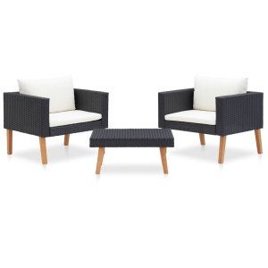 3-delige lostaande Loungeset met kussens poly rattan zwart