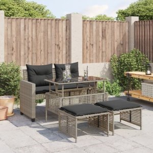 4-delige Loungeset met kussens poly rattan en glas lichtgrijs