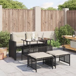 4-delige Loungeset met kussens poly rattan en glas zwart