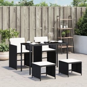 5-delige Tuinset met kussens poly rattan zwart