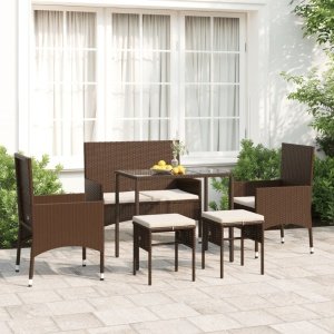 6-delige Loungeset met kussens poly rattan bruin