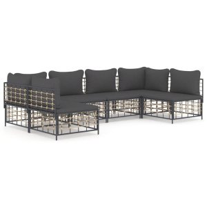 The Living Store Loungeset Poly Rattan - Hoekbank + Middenbank - 72x72x66 cm - Antraciet