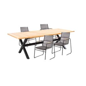 Tuinset Wakai tafel dark grey, teak 236x100 cm met 4 stoelen Wasabi stoel kussen black, rope dark grey - Yoi