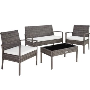 tectake -zitgroep bank, stoelen en tafel-Wicker Tuinset grijs - 403398