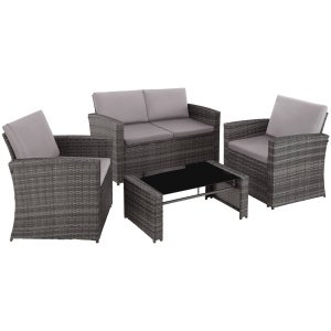 tectake® - Wicker zitgroep loungeset tuinset Lucca - 1 bank/2 stoelen/1 tafel met glasplaat - grijs - 404918