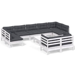 vidaXL 10-delige Loungeset met kussens massief grenenhout wit