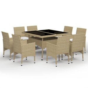 vidaXL 9-delige Tuinset poly rattan en glas beige