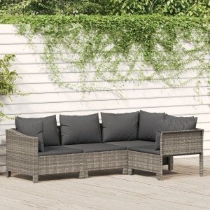 4-delige Loungeset poly rattan met kussens grijs