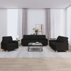 vidaXL 3-delige loungeset met kussens stof zwart-VXL-3201246