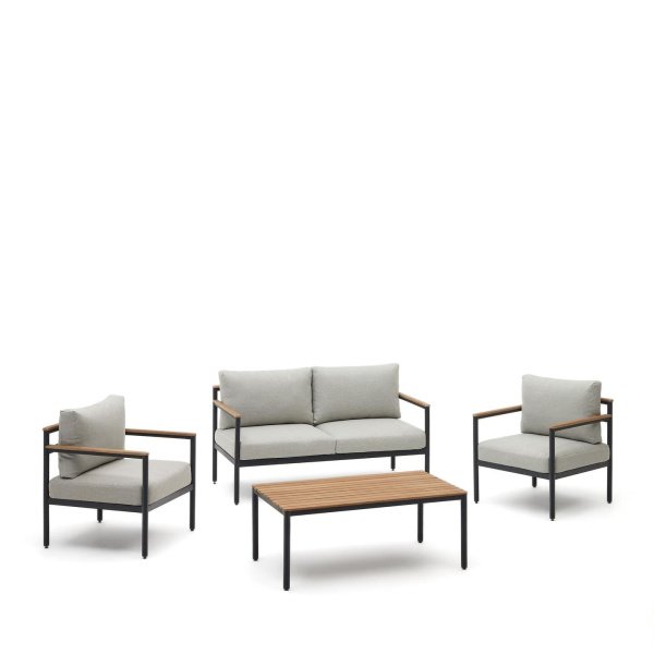 Kave Home Loungeset Aiguafreda 2-zits bank, 2 fauteuils en salontafel - Grijs