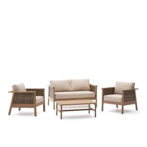 Kave Home Loungeset Alabe Acaciahout en rattan, Met 2-zits bank, 2 fauteuils en salontafel