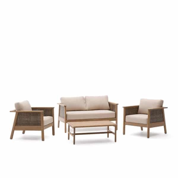 Kave Home Loungeset Alabe Acaciahout en rattan, Met 2-zits bank, 2 fauteuils en salontafel