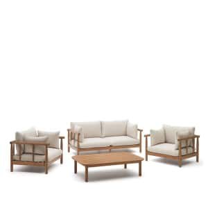 Kave Home Loungeset Sacova Eucalyptushout, Met 2 fauteuils, 2-zitsbank en salontafel - Beige