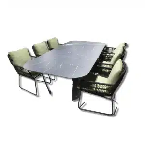 Tuinset Teeburu ovale tafel black, slate 240x120 cm met 4 stoelen Ran stoel black, emerald green - Yoi