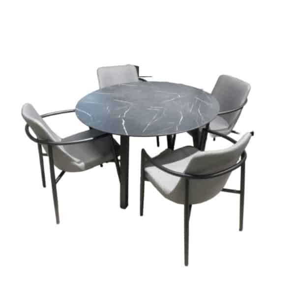 Tuinset Teeburu tafel black, slate dia. 120 cm met 4 stoelen Youkou stoel black, mixed grey - Yoi
