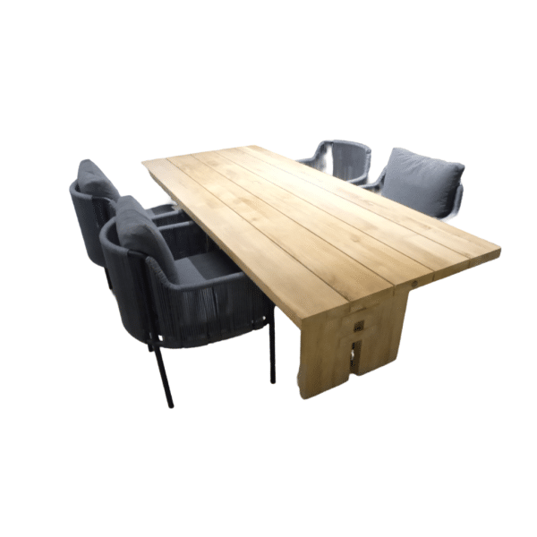 Tuinset Zen tafel teak 240x100 cm met 4 stoelen Umi stoel kussen black, rope dark grey - grey, rope green - Yoi
