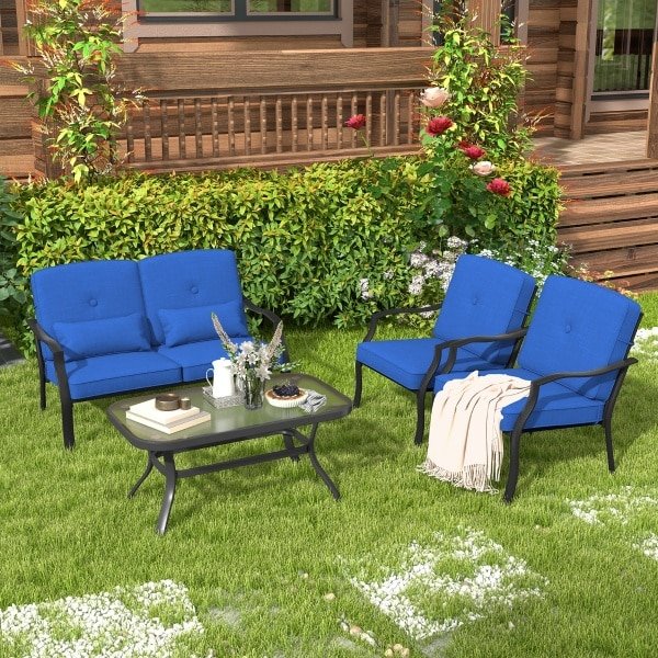4-Delige Tuinmeubelset Terrasmeubels met Zit- Rug- en Taillekussens Zitgroep voor 4 Personen Tuinset Incl. 2 Stoelen Bank & Tafel Blauw
