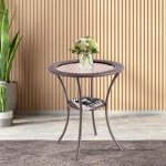 Buiten Ronde Eettafel Patio Bistro Tafel met Gehard Glazen Tafelblad en Opbergplank 64 x 64 x 72CM Bruin