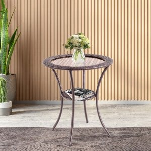 Buiten Ronde Eettafel Patio Bistro Tafel met Gehard Glazen Tafelblad en Opbergplank 64 x 64 x 72CM Bruin