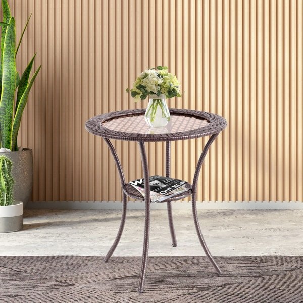 Buiten Ronde Eettafel Patio Bistro Tafel met Gehard Glazen Tafelblad en Opbergplank 64 x 64 x 72CM Bruin