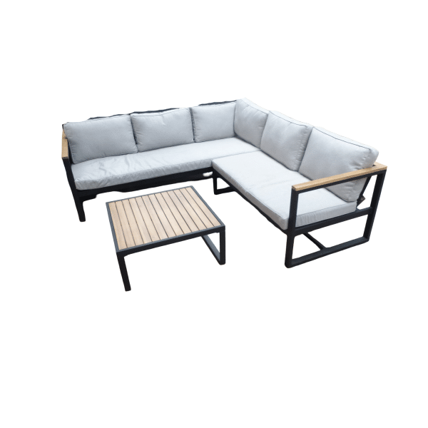 Auckland cornerset zwart/acacia light teak look incl. royal stone grey kussens - Eurofleur aanbieding