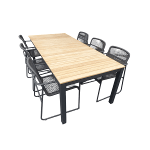 Set van Arashi tafel 220x100x76 cm grijs/teak en 6 Mira stoelen lava - Yoi