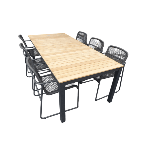 Set van Arashi tafel 220x100x76 cm grijs/teak en 6 Mira stoelen lava - Yoi