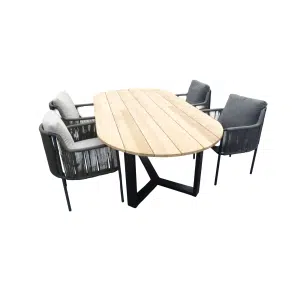 Set van Kaihou tafel 260x122x76 cm ovaal teak en 4 Umi stoelen zwart/grijs - Yoi