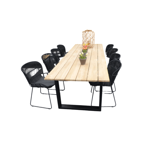 Set van Kaihou tafel 300x100x76 cm zwart/teak en 8 Faye stoelen lava incl. kussen - Yoi