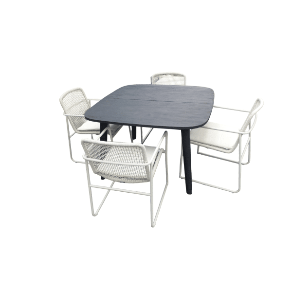 Set van Lennon tafel 120x120x76 cm charcoal en 4 Mira stoelen wit/taupe incl. kussen - Yoi