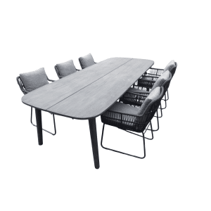 Set van Lennon tafel 280x110x76 cm charcoal en 6 Ran stoelen panther incl. kussens - Yoi