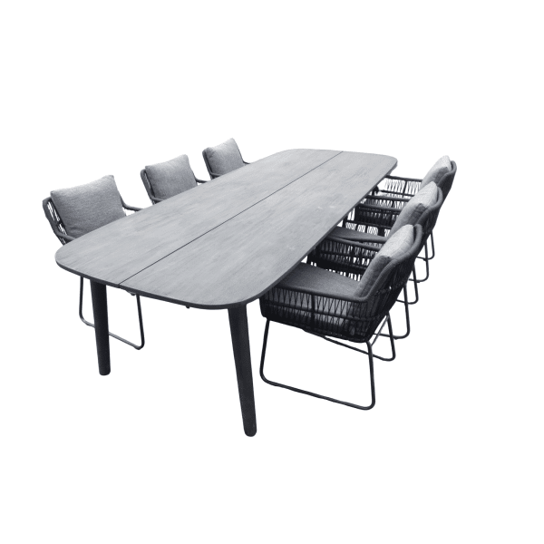 Set van Lennon tafel 280x110x76 cm charcoal en 6 Ran stoelen panther incl. kussens - Yoi