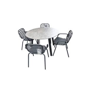 Set van Teeburu tafel 120 cm concrete en 4 Tomo stoelen zwart aluminium - Yoi