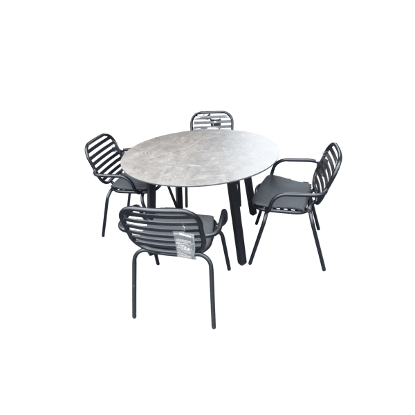 Set van Teeburu tafel 120 cm concrete en 4 Tomo stoelen zwart aluminium - Yoi