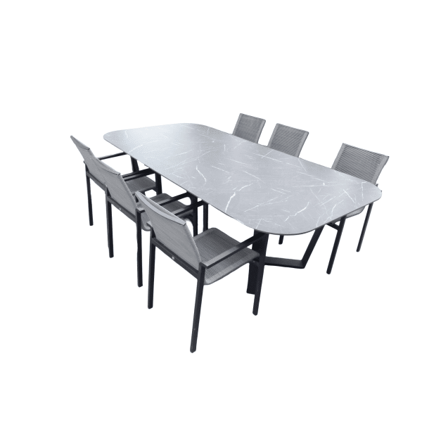 Set van Teeburu tafel 240x120x76 cm oval slate en 6 Ishi stoelen zwart/grijs - Yoi