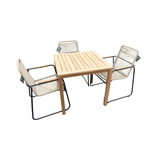 Set van Trento tafel 80x80x75 teak en 4 Wasabi stoelen naturel incl. kussen - Yoi