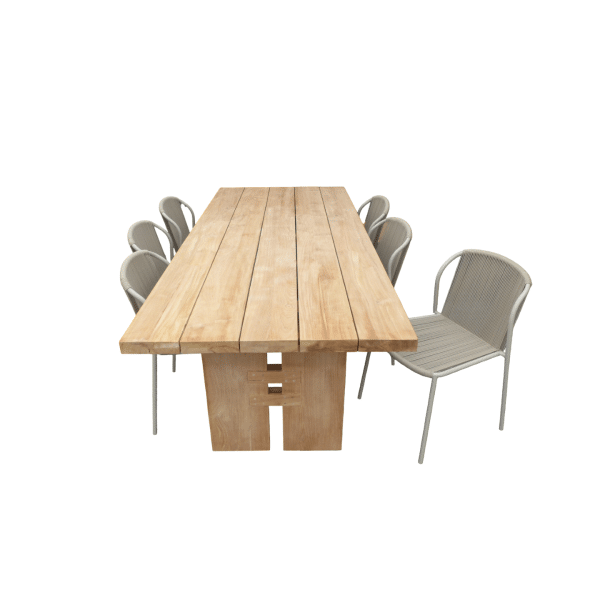 Set van Zen tafel 240x100x75 cm teak en 6 Vedella stoelen (ZA) salix - Yoi