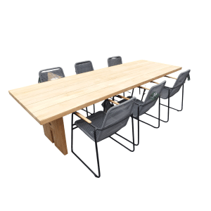 Set van Zen tafel 300x100x75 cm teak en 6 Wasabi stoelen grijs incl. kussen - Yoi