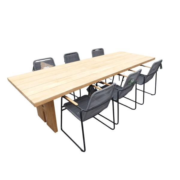 Set van Zen tafel 300x100x75 cm teak en 6 Wasabi stoelen grijs incl. kussen - Yoi