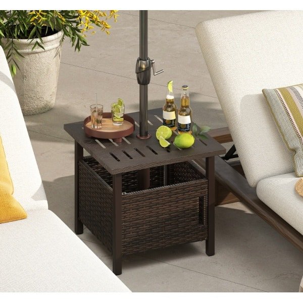 Buiten Rieten Bijzettafel Weerbestendige Tuintafel met Parasolgat Kleine Balkontafel