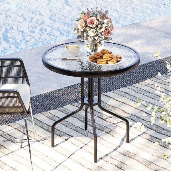 Ronde Tuintafel 70 cm Terras Salontafel in Gehard Glas met Robuust Metalen Frame en Gat voor Parasol Exterieur Eettafel