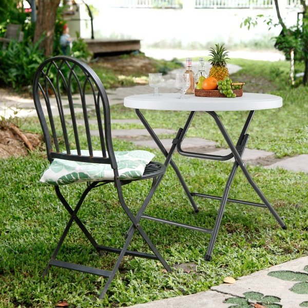 81 cm Ronde Klaptafel Kunststoftafel met Versterkte HDPE Tafelblad Robuuste Metalen Poten & Antislip Voetkappen Wit