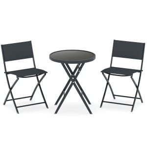 3-delige Opvouwbare Bistroset Tuinset met Ademende Stoffen Zitting en Gehard Glazen Tafelblad Tuinmeubelset