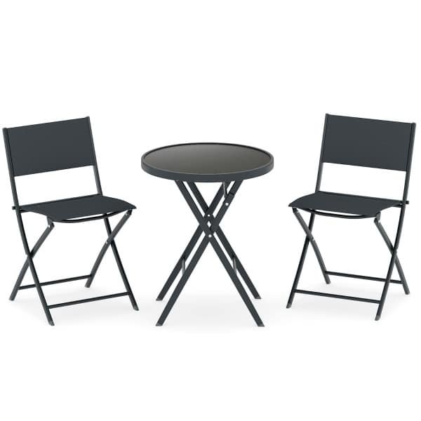 3-delige Opvouwbare Bistroset Tuinset met Ademende Stoffen Zitting en Gehard Glazen Tafelblad Tuinmeubelset