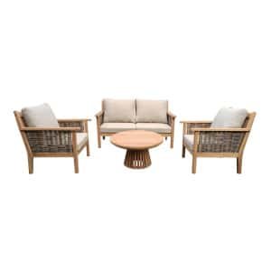 Livingfurn Loungeset Malaga Teakhout, Met bank, 2 stoelen en tafeltje - Naturel