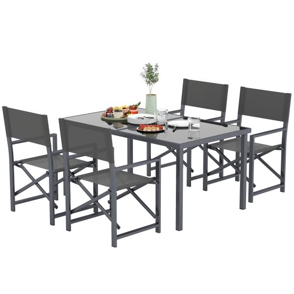 Outsunny 5-Delige Tuinset Stalen Eettafelset voor 4 met Opklapbare Stoelen en Glazen Tafel, Grijs