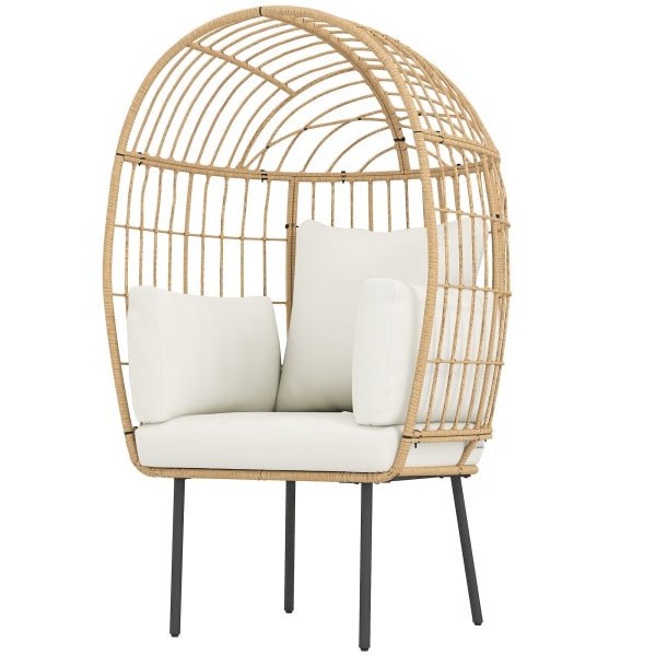Outsunny Eivormige Rotan Stoel met Afneembare Kussens en Armleuningen, Buitenstoel van Rattan 95 x 80 x 155 cm - Beige