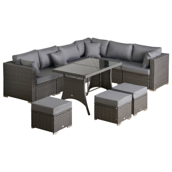 Outsunny poly-rotan zitset, 10-delige tuinset, weerbestendig, comfortabel, inclusief kussens, eenvoudig te onderhouden, zwart | Aosom.nl