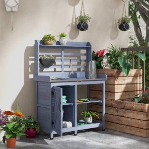 Outsunny tuinset, multifunctioneel met opbergkast, aluminium werkblad, weerbestendig, 112 x 47 x 146 cm, grijs | Aosom.nl