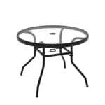 Patio Bijzettafel Tuintafel voor Buiten met Glazen Blad en φ4,2 cm Parasolgat Ronde Salontafel met Robuust Metalen Frame